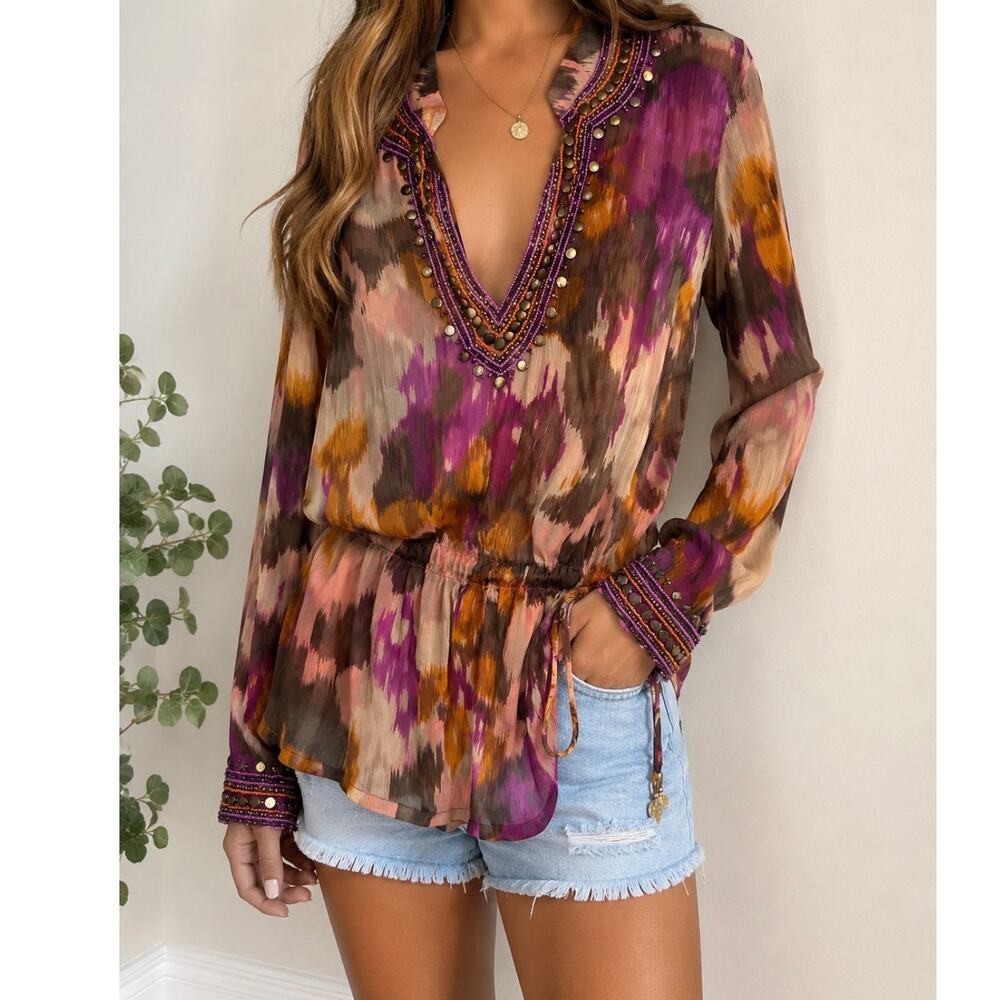 Monique Leshman 100% Silk Beaded Boho Tunic Blouse Size Small